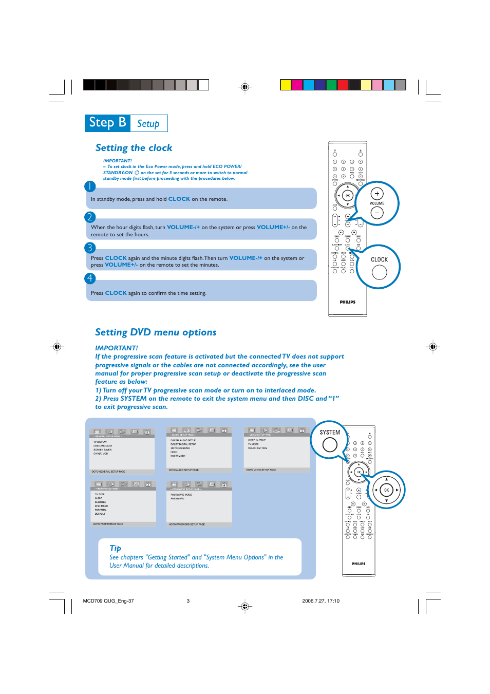 Setting the clock 1 2 3 4, Setting dvd menu options | Philips MCD709-37B User Manual | Page 3 / 4