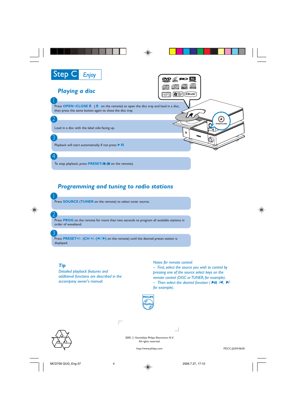 Playing a disc 1 2 3 4, Programming and tuning to radio stations 1 2 3 | Philips MCD709-37B User Manual | Page 4 / 4