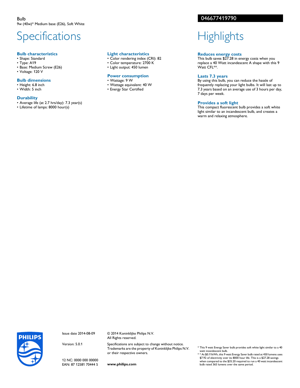 Specifications, Highlights | Philips 046677419790 User Manual | Page 2 / 2