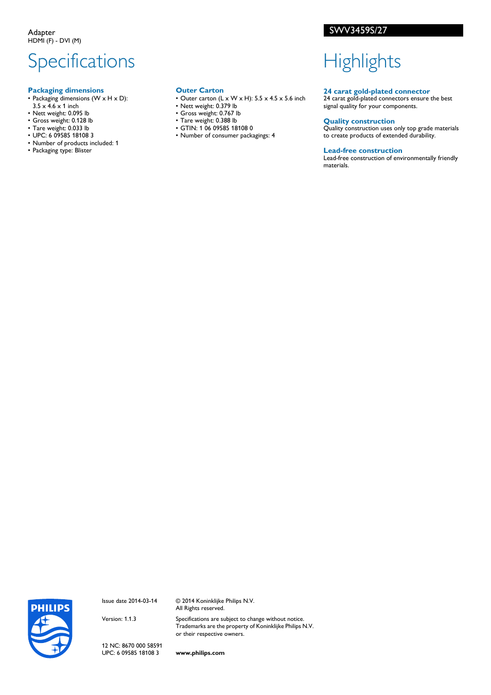 Specifications, Highlights | Philips SWV3459S-27 User Manual | Page 2 / 2