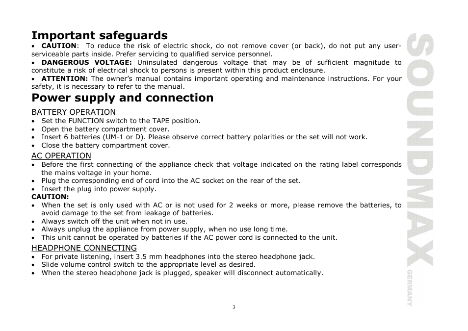 Important safeguards, Power supply and connection | SoundMax SM-3221 User Manual | Page 3 / 17