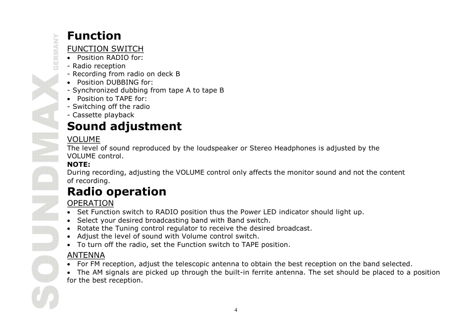 Function, Sound adjustment, Radio operation | SoundMax SM-3221 User Manual | Page 4 / 17