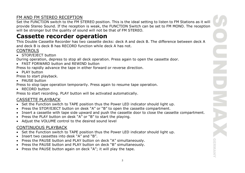 Cassette recorder operation | SoundMax SM-3221 User Manual | Page 5 / 17