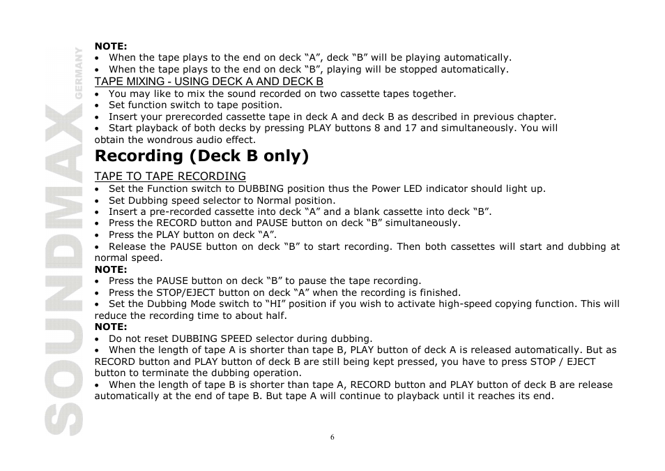 Recording (deck b only) | SoundMax SM-3221 User Manual | Page 6 / 17