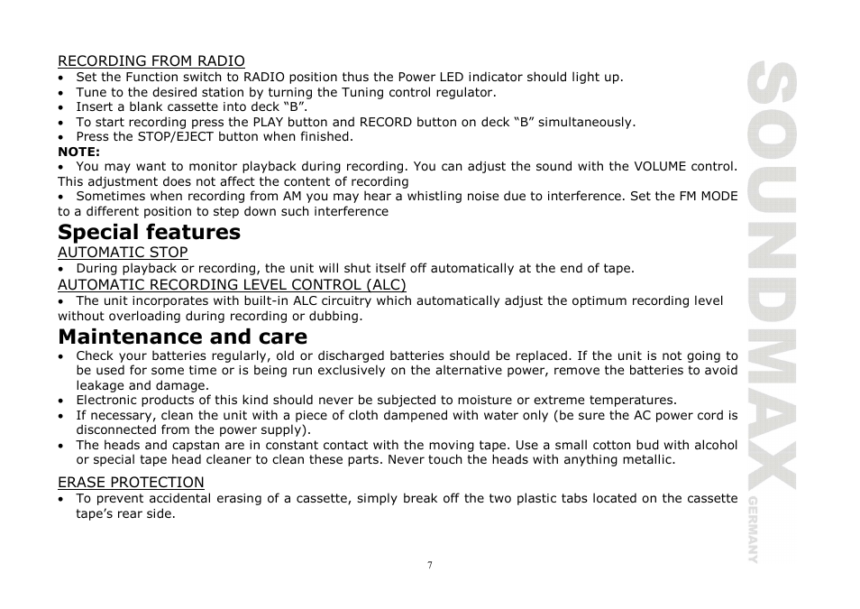 Special features, Maintenance and care | SoundMax SM-3221 User Manual | Page 7 / 17