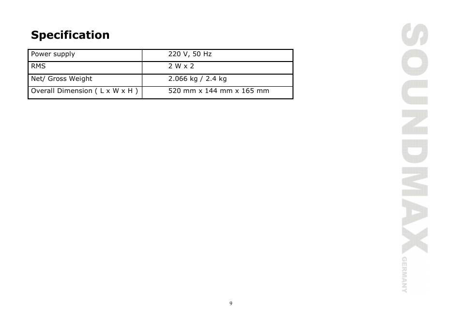 Specification | SoundMax SM-3221 User Manual | Page 9 / 17