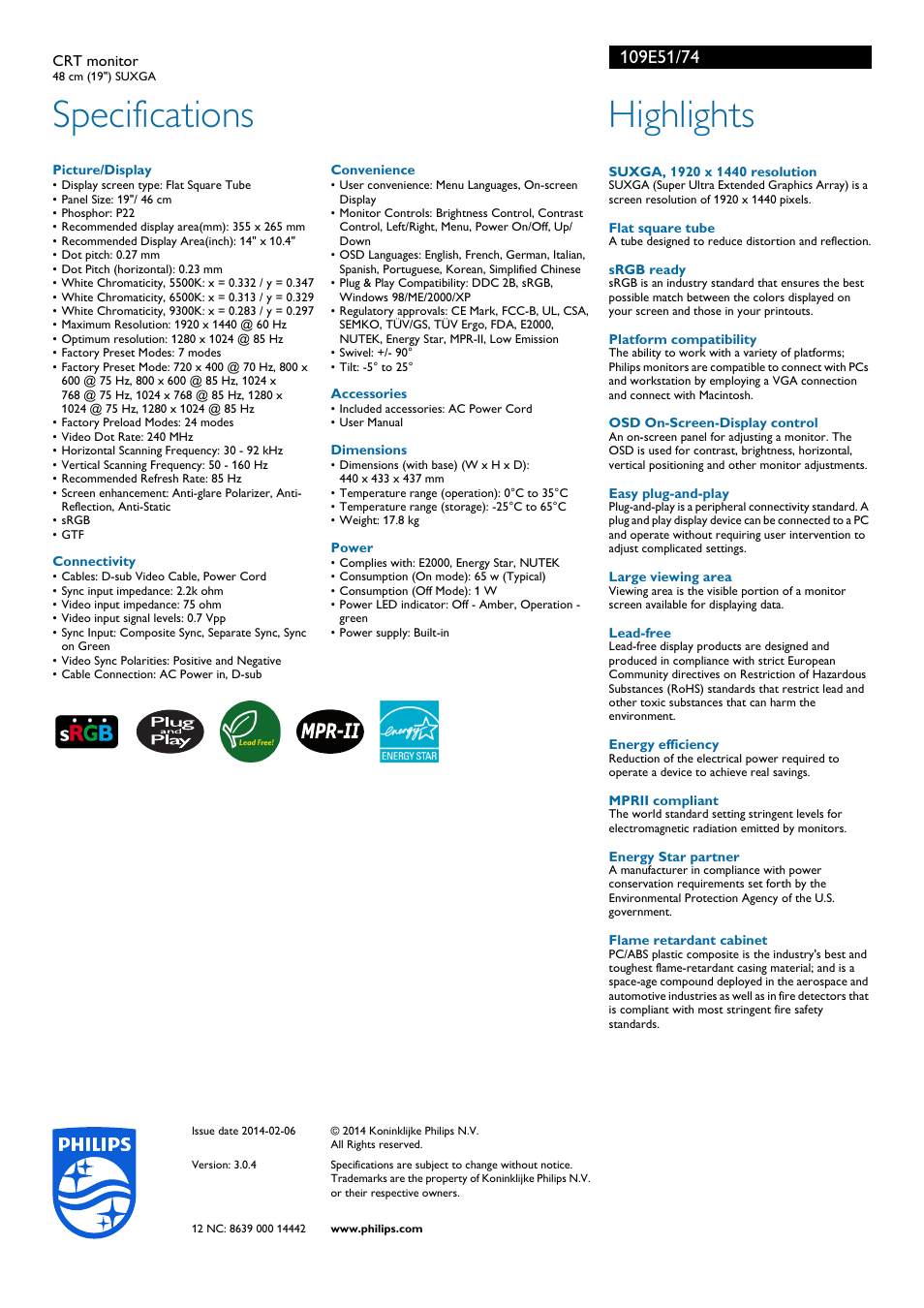 Specifications, Highlights | Philips 109E51-74 User Manual | Page 2 / 2