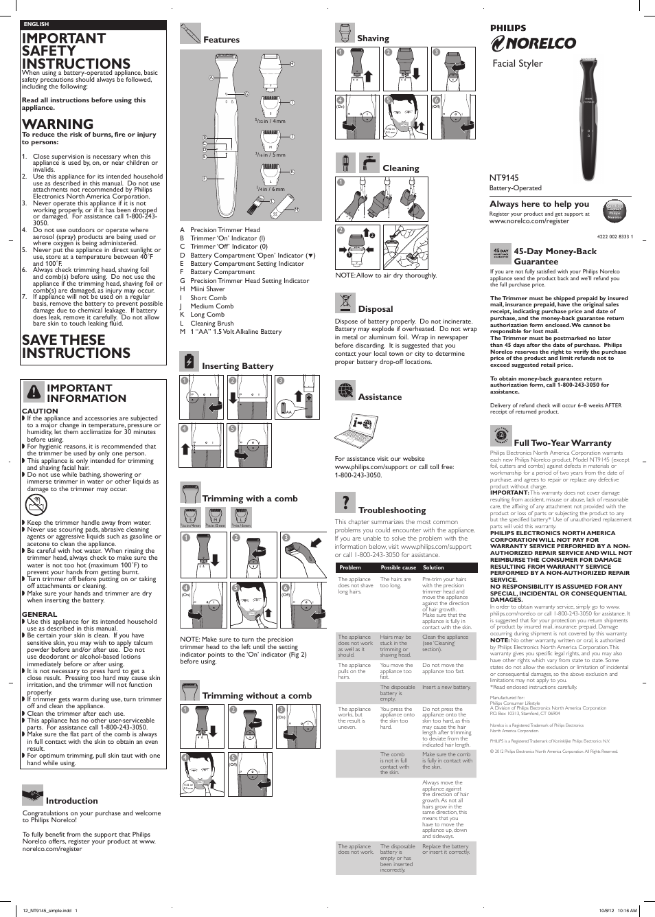 Philips Norelco GoStyler Facial styler NT9145-60 Washable 3-in-1 facial styler 3 precision trimming combs Precision trimmer attachment Mini foil shaver attachment User Manual | 2 pages