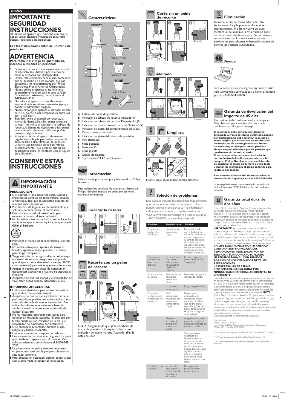 Importante seguridad instrucciones, Advertencia, Conserve estas instrucciones | Información importante | Philips Norelco GoStyler Facial styler NT9145-60 Washable 3-in-1 facial styler 3 precision trimming combs Precision trimmer attachment Mini foil shaver attachment User Manual | Page 2 / 2