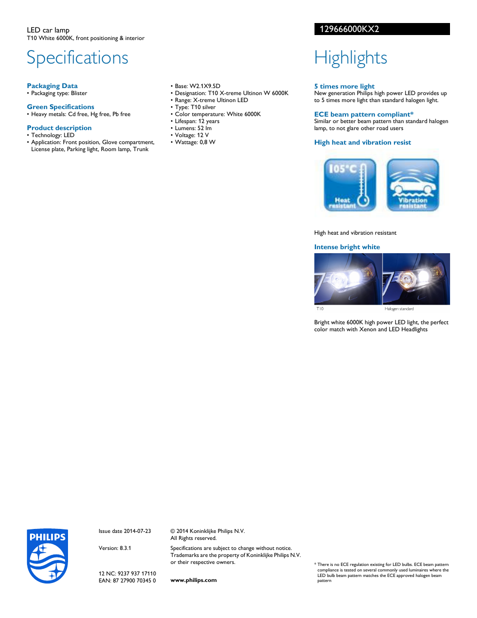 Specifications, Highlights | Philips 129666000KX2 User Manual | Page 2 / 2