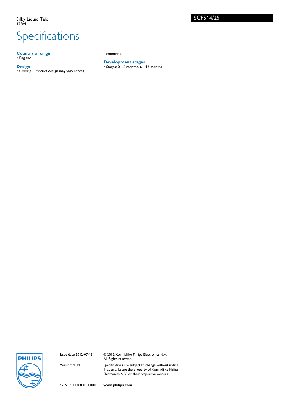 Specifications | Philips AVENT Silky Liquid Talc SCF514-25 125ml by Philips User Manual | Page 2 / 2