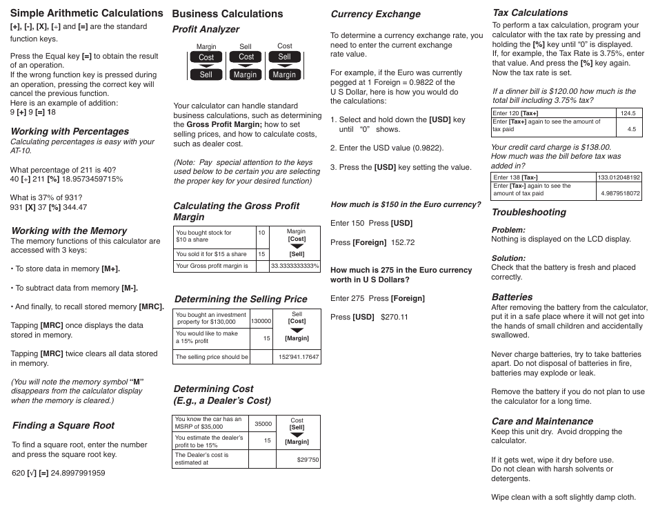 Simple arithmetic calculations, Business calculations | Ativa AT-10 User Manual | Page 2 / 2