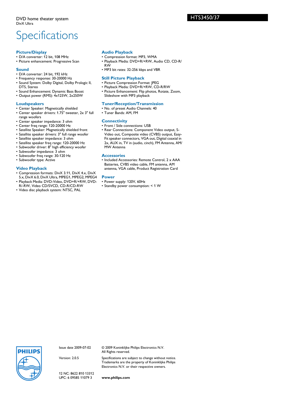 Specifications | Philips HTS3450-37B User Manual | Page 3 / 3