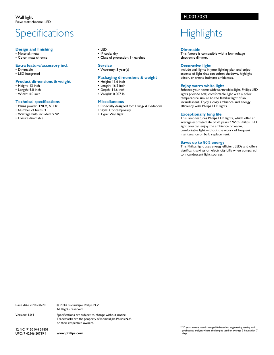 Specifications, Highlights | Philips FL0017031 User Manual | Page 2 / 2