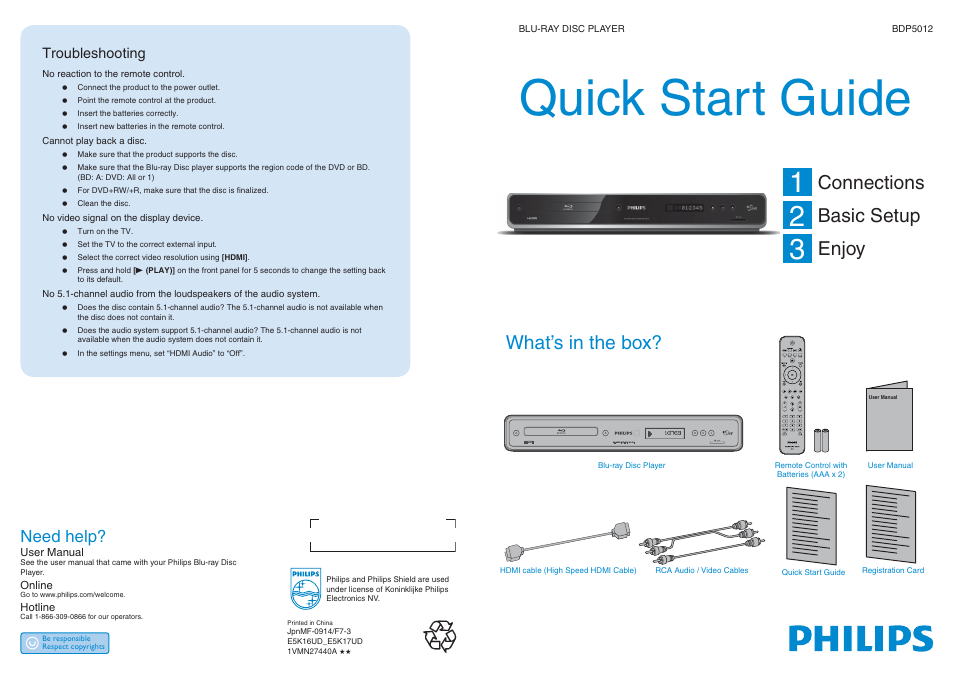 Philips Blu-ray Disc player BDP5012 User Manual | 2 pages