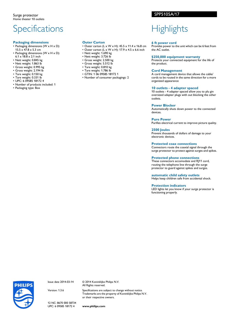 Specifications, Highlights | Philips SPP5105A-17 User Manual | Page 2 / 2