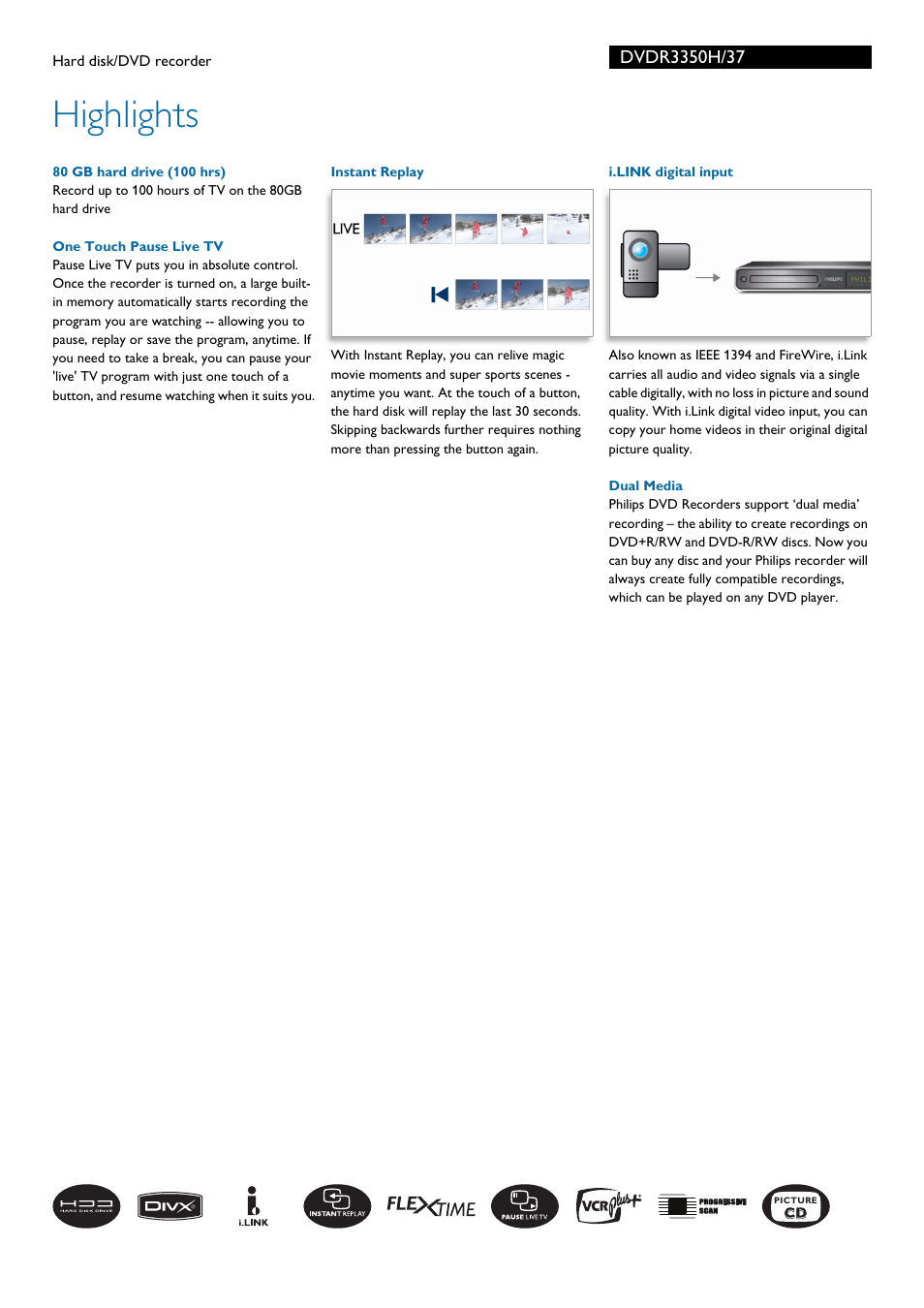 Highlights | Philips DVDR3350H-37B User Manual | Page 2 / 3