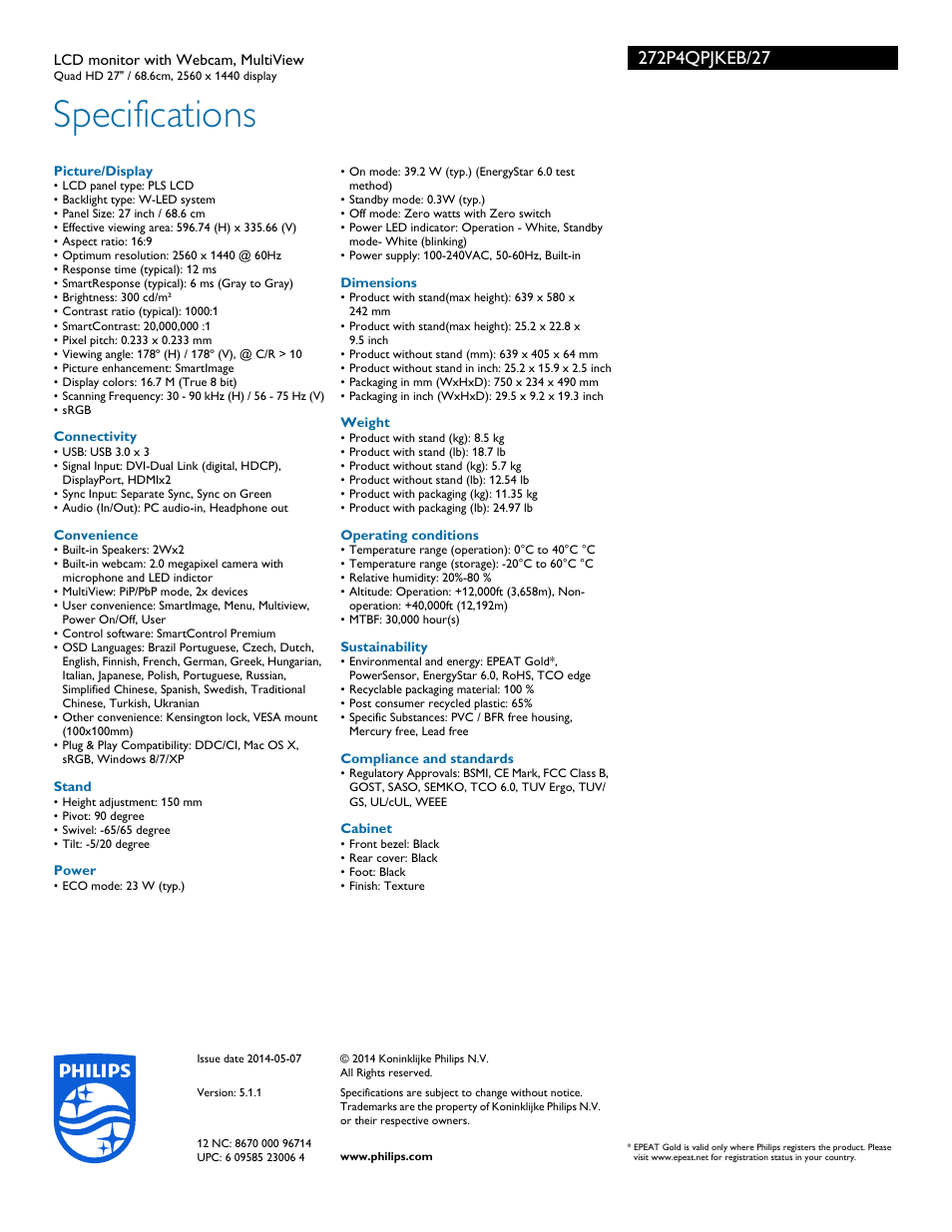 Specifications | Philips 272P4QPJKEB-27 User Manual | Page 3 / 3