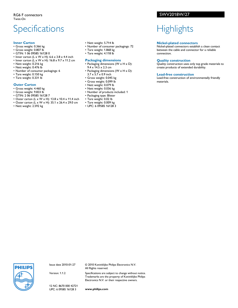 Specifications, Highlights | Philips SWV2018W-27 User Manual | Page 2 / 2