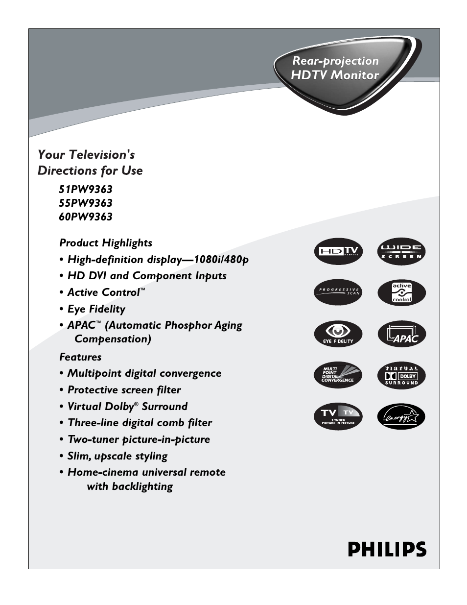 Philips 51 in Digital Widescreen HDTV Monitor User Manual | 72 pages
