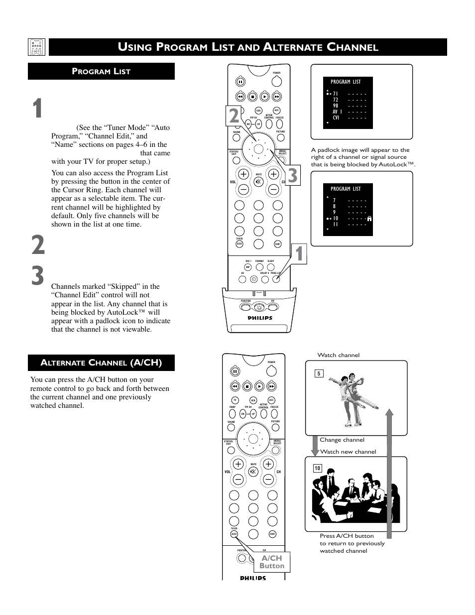 A/ch), Sing, Rogram | Ist and, Lternate, Hannel, A/ch button | Philips 51 in Digital Widescreen HDTV Monitor User Manual | Page 28 / 72