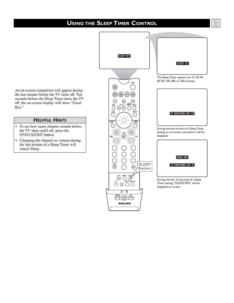 Sing the, Leep, Imer | Ontrol, Elpful, Ints | Philips 51 in Digital Widescreen HDTV Monitor User Manual | Page 29 / 72