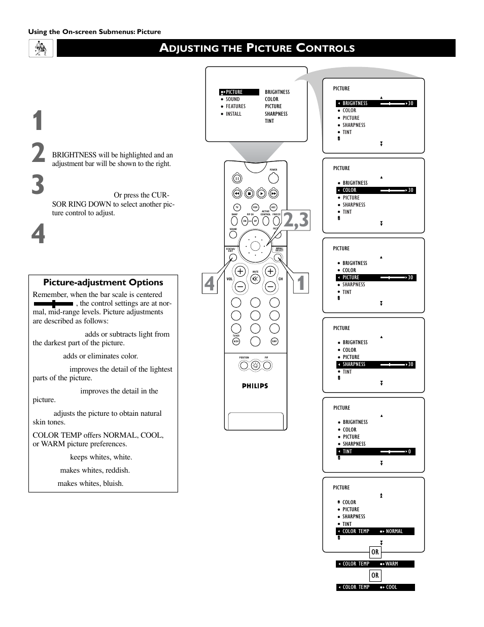 Picture-adjustment options, Djusting the, Icture | Ontrols | Philips 51 in Digital Widescreen HDTV Monitor User Manual | Page 30 / 72