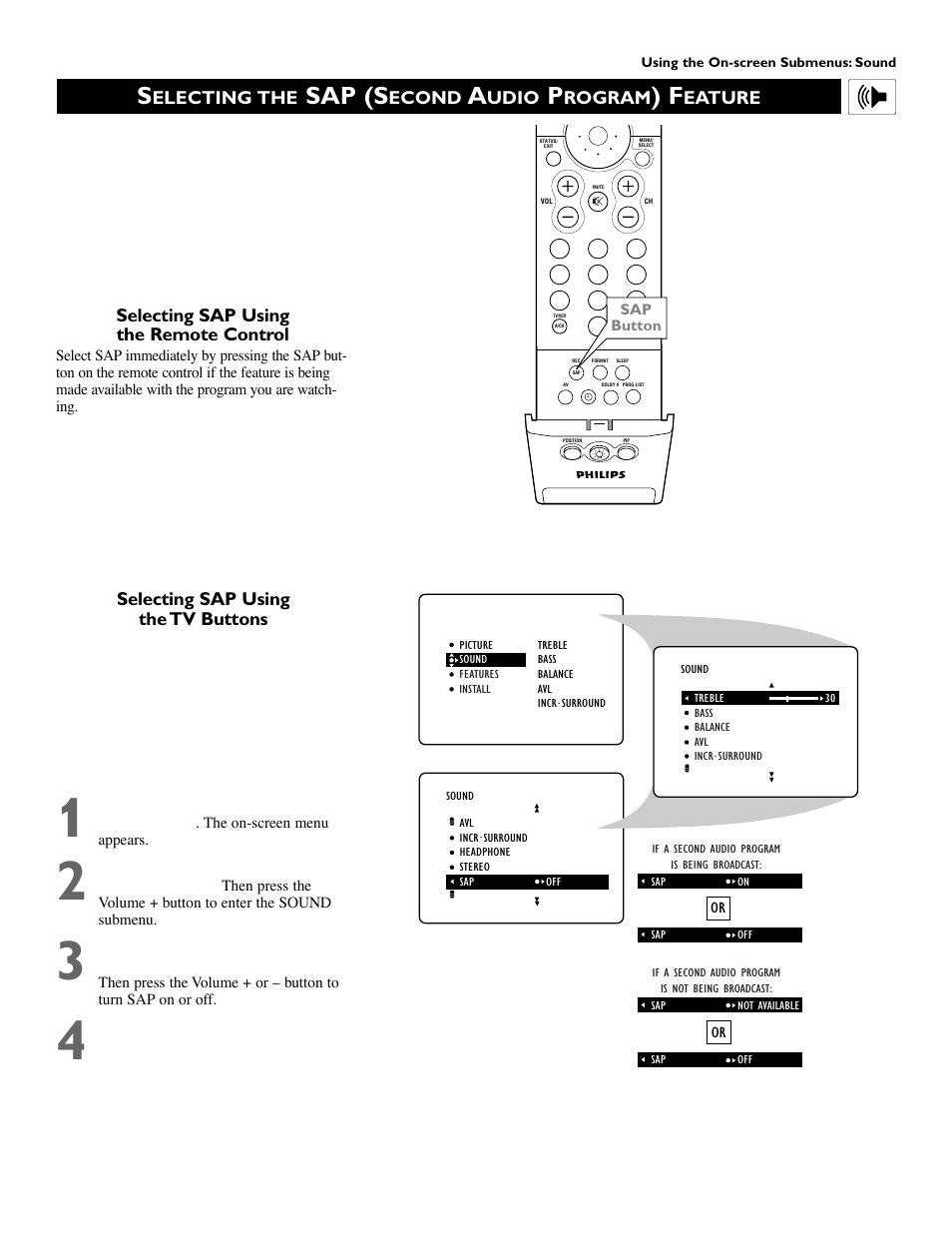 Sap (s, Electing the, Econd | Udio, Rogram, Eature, Selecting sap using the tv buttons, Selecting sap using the remote control | Philips 51 in Digital Widescreen HDTV Monitor User Manual | Page 37 / 72