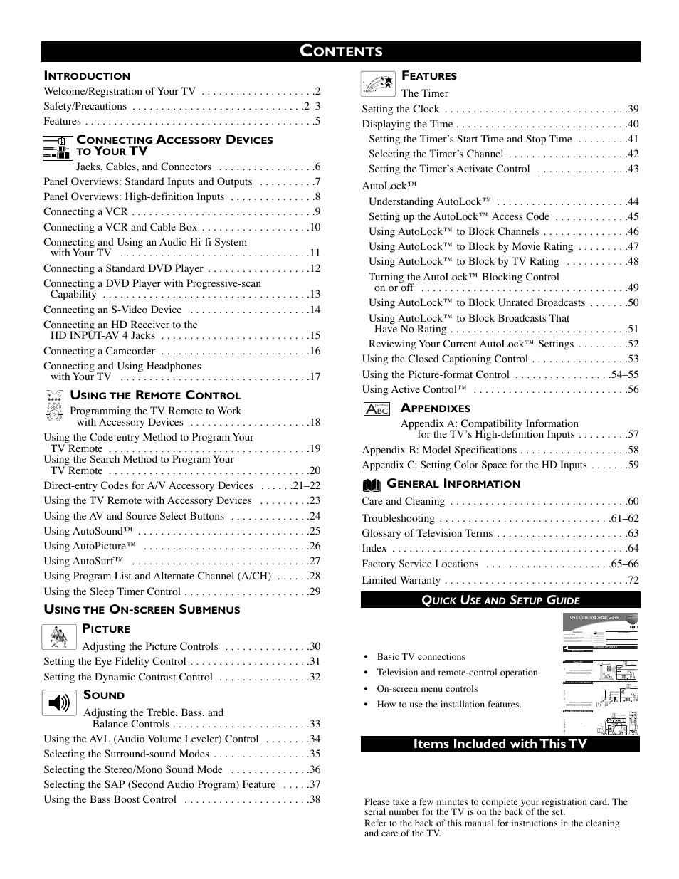 Ontents items included with this tv | Philips 51 in Digital Widescreen HDTV Monitor User Manual | Page 4 / 72