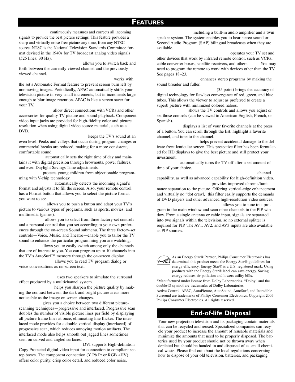 End-of-life disposal, Eatures | Philips 51 in Digital Widescreen HDTV Monitor User Manual | Page 5 / 72