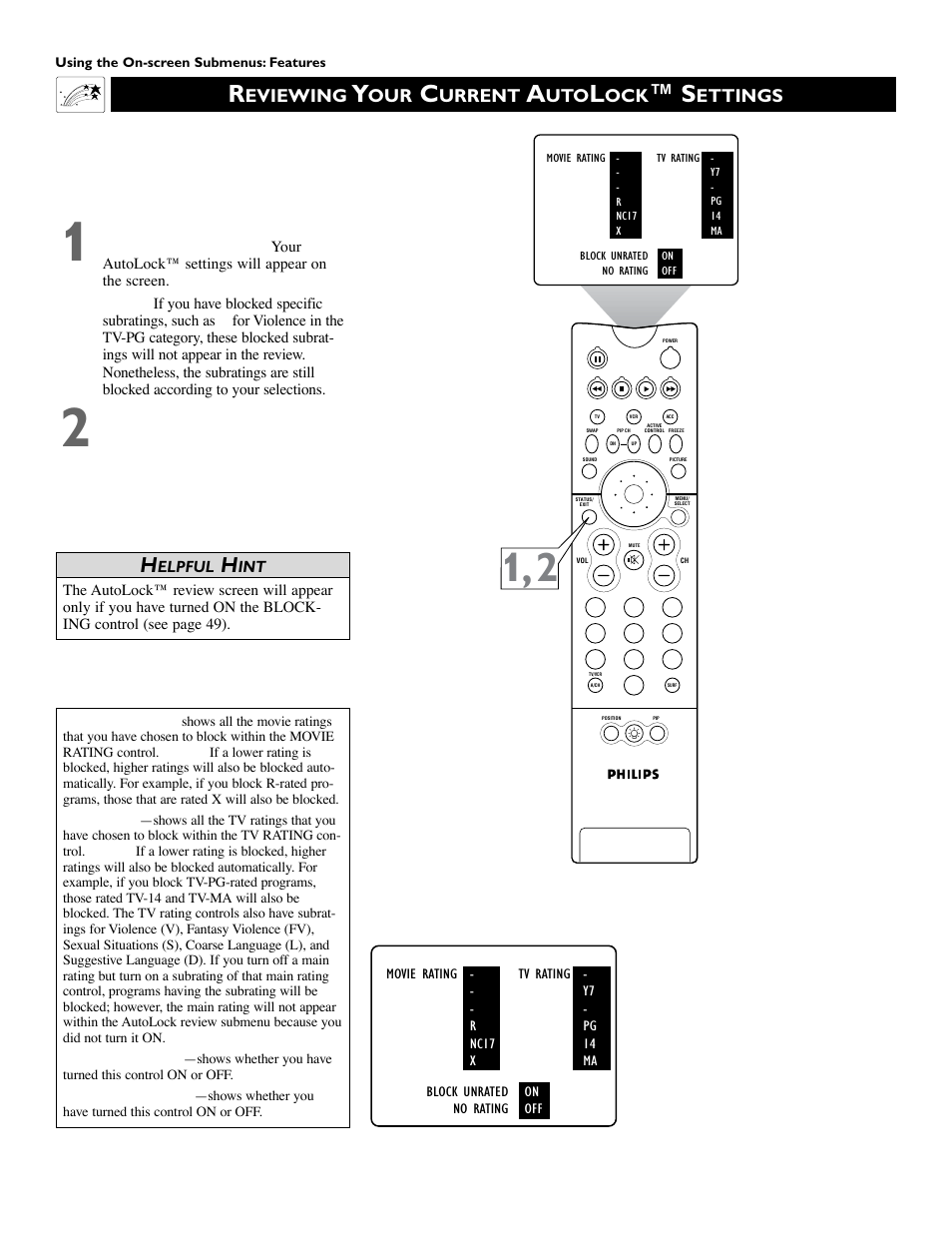 Eviewing, Urrent, Ettings | Philips 51 in Digital Widescreen HDTV Monitor User Manual | Page 52 / 72