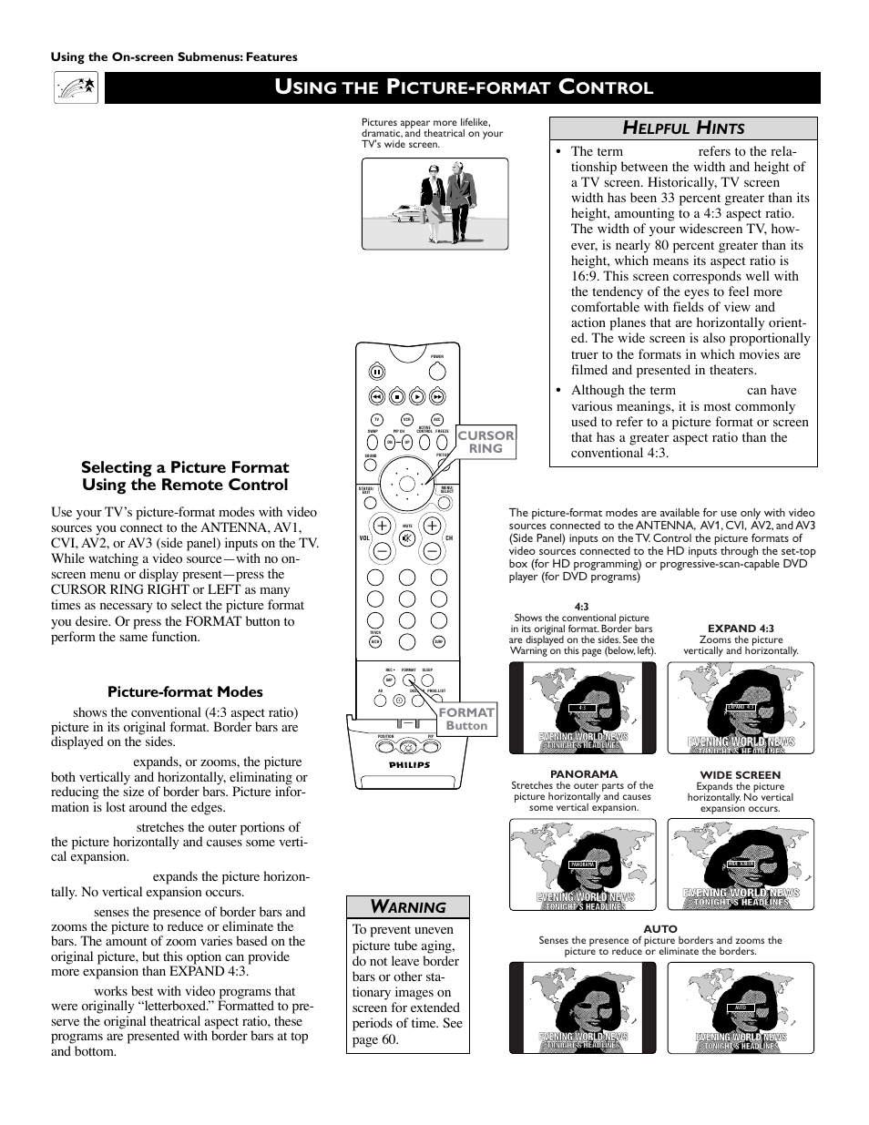 Sing the, Icture, Format | Ontrol, Picture-format modes, Elpful, Ints, Arning | Philips 51 in Digital Widescreen HDTV Monitor User Manual | Page 54 / 72