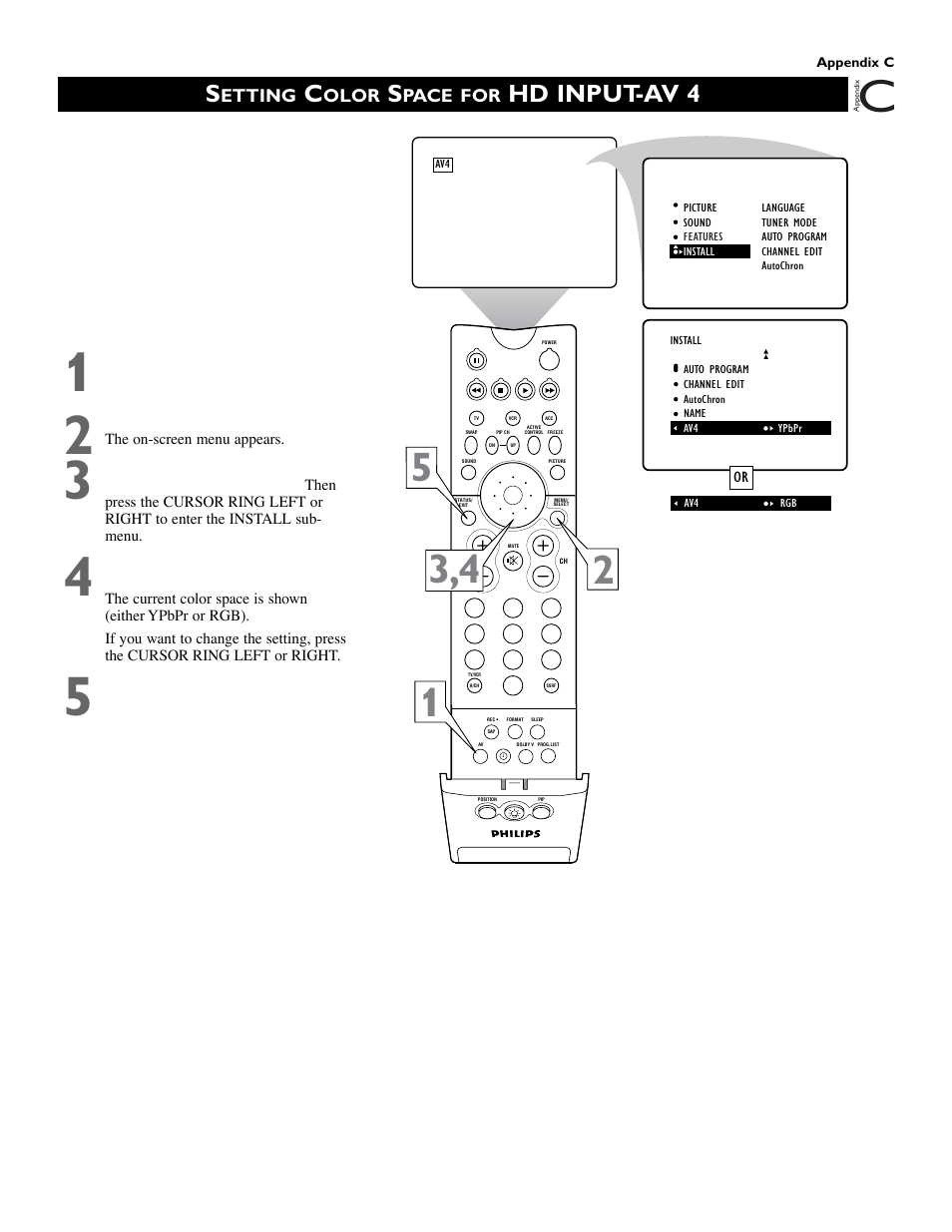 Hd input-av 4, Etting, Olor | Pace for | Philips 51 in Digital Widescreen HDTV Monitor User Manual | Page 59 / 72