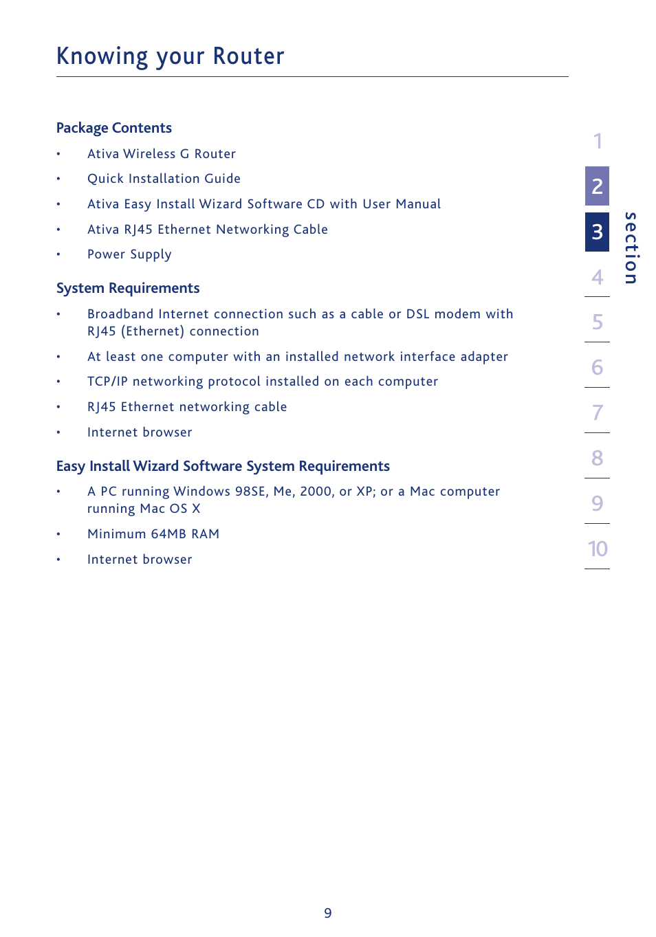 Knowing your router, Se ct io n | Ativa AWGR54 User Manual | Page 11 / 106