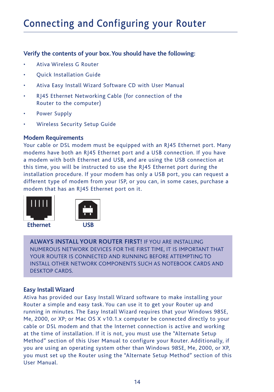 Connecting and configuring your router | Ativa AWGR54 User Manual | Page 16 / 106