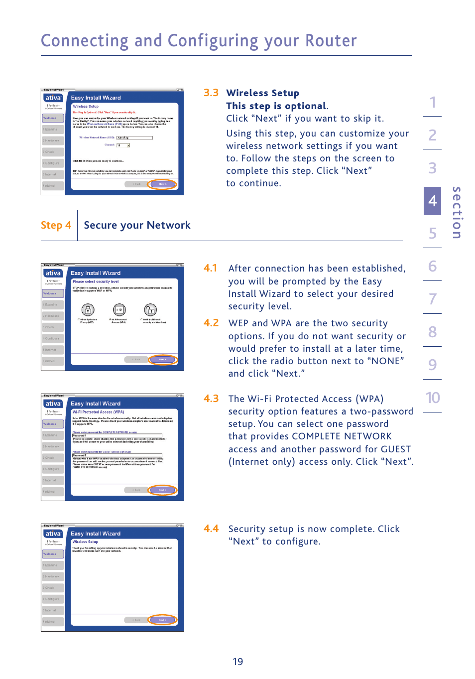 Connecting and configuring your router, Se ct io n | Ativa AWGR54 User Manual | Page 21 / 106