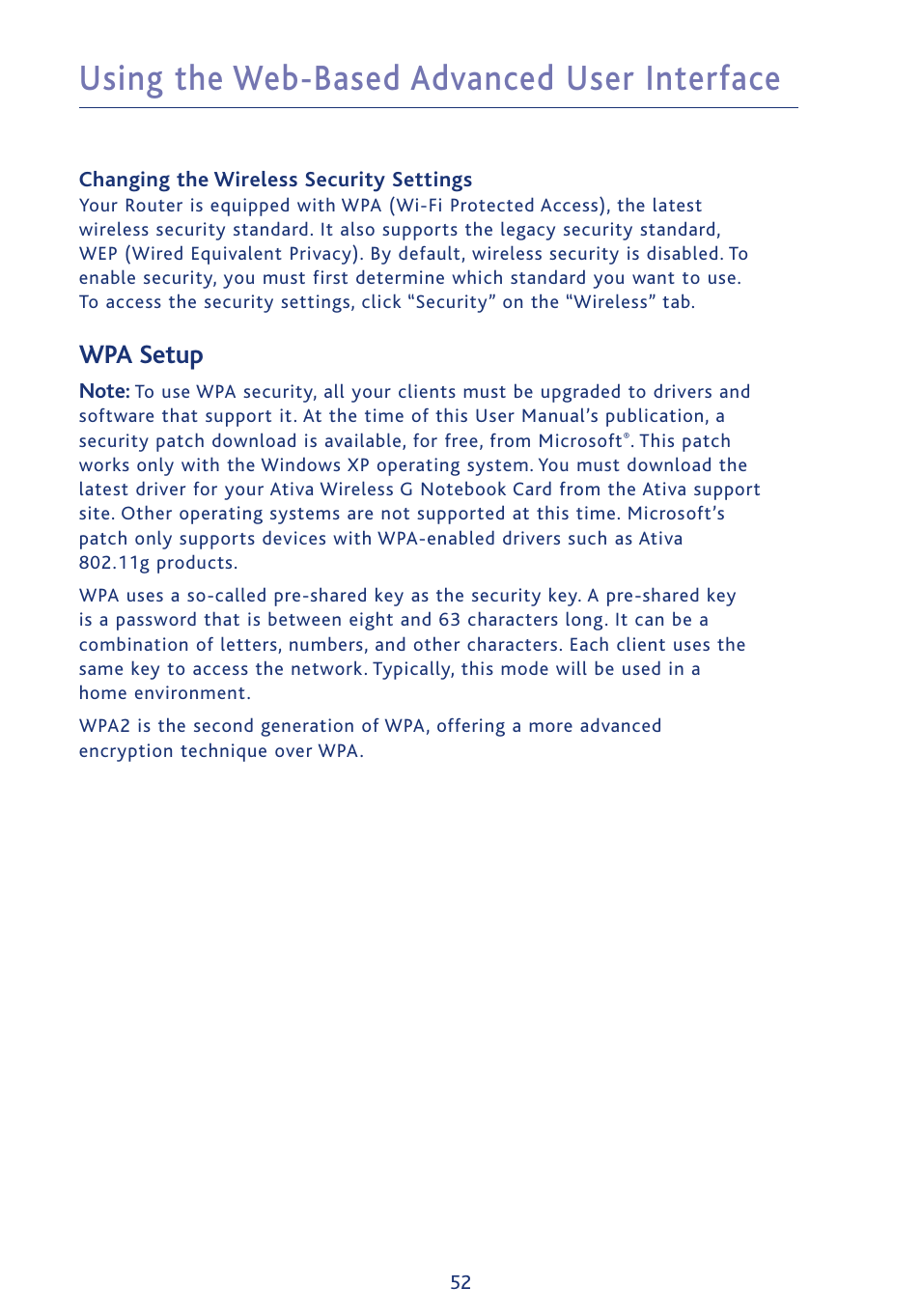 Using the web-based advanced user interface, Wpa setup | Ativa AWGR54 User Manual | Page 54 / 106