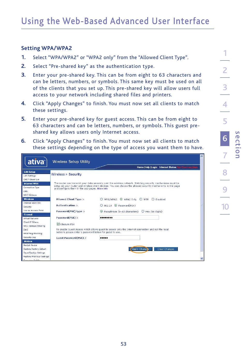 Using the web-based advanced user interface, Se ct io n | Ativa AWGR54 User Manual | Page 55 / 106