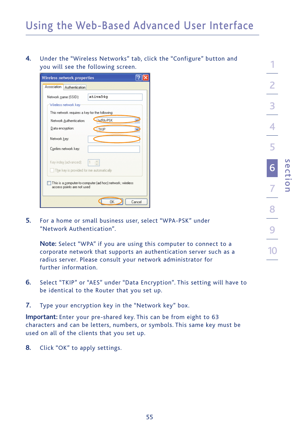 Using the web-based advanced user interface, Se ct io n | Ativa AWGR54 User Manual | Page 57 / 106