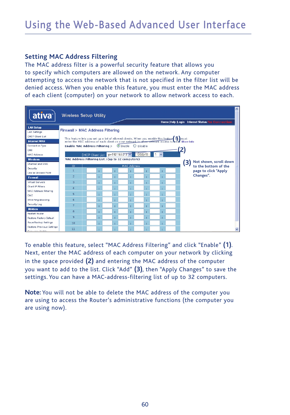 Using the web-based advanced user interface | Ativa AWGR54 User Manual | Page 62 / 106