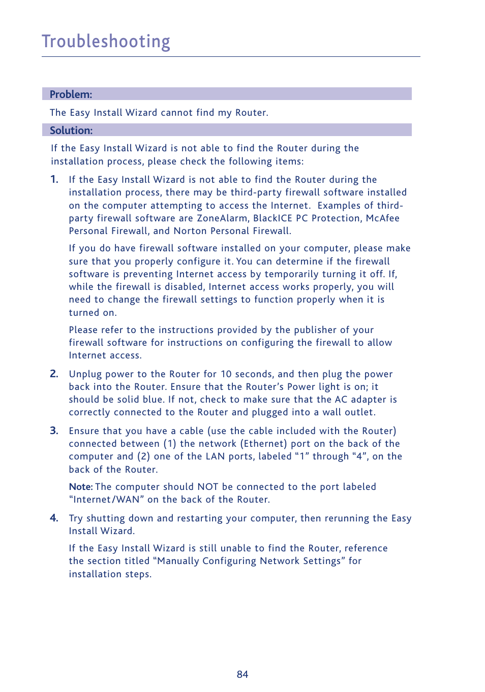 Troubleshooting | Ativa AWGR54 User Manual | Page 86 / 106