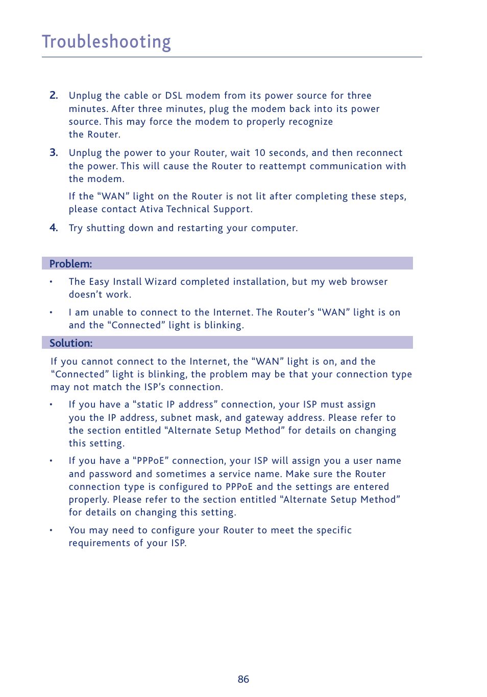 Troubleshooting | Ativa AWGR54 User Manual | Page 88 / 106