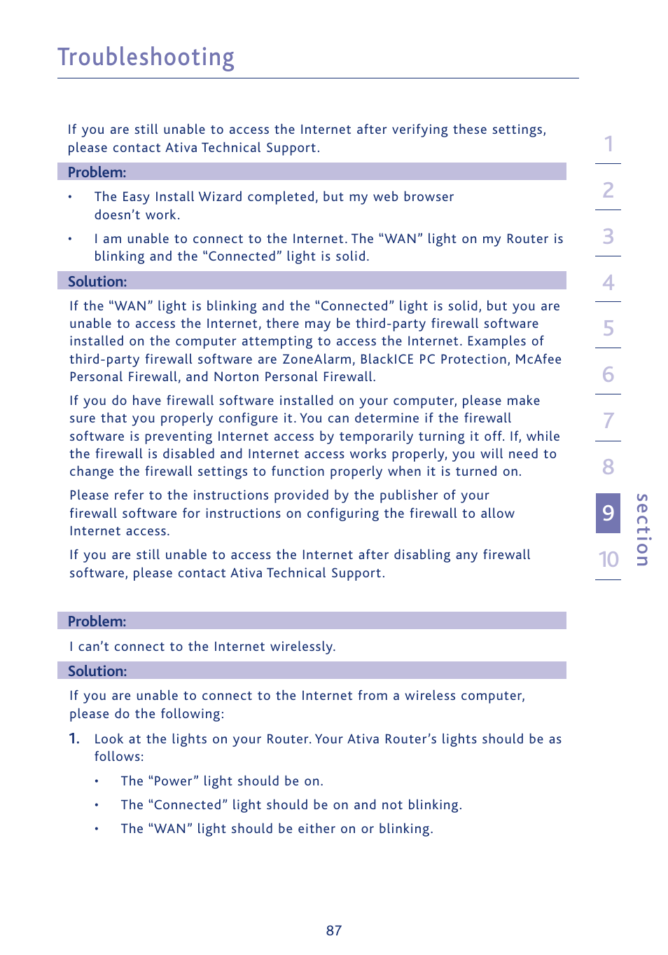 Troubleshooting, Se ct io n | Ativa AWGR54 User Manual | Page 89 / 106