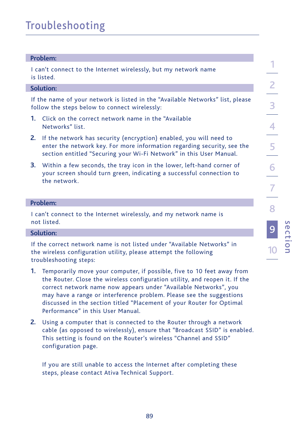 Troubleshooting, Se ct io n | Ativa AWGR54 User Manual | Page 91 / 106