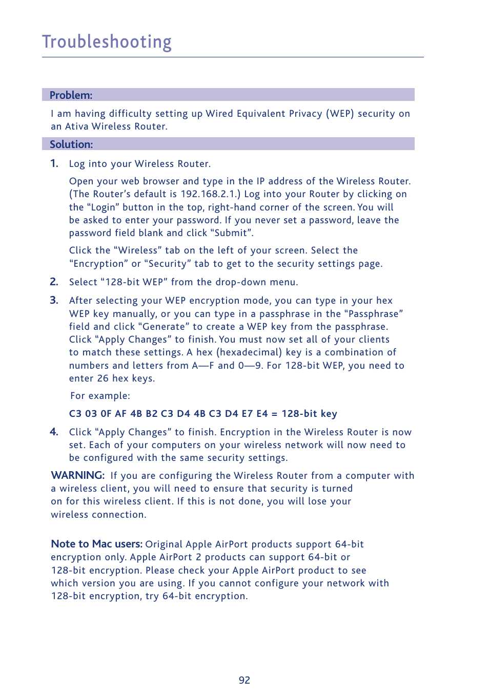 Troubleshooting | Ativa AWGR54 User Manual | Page 94 / 106