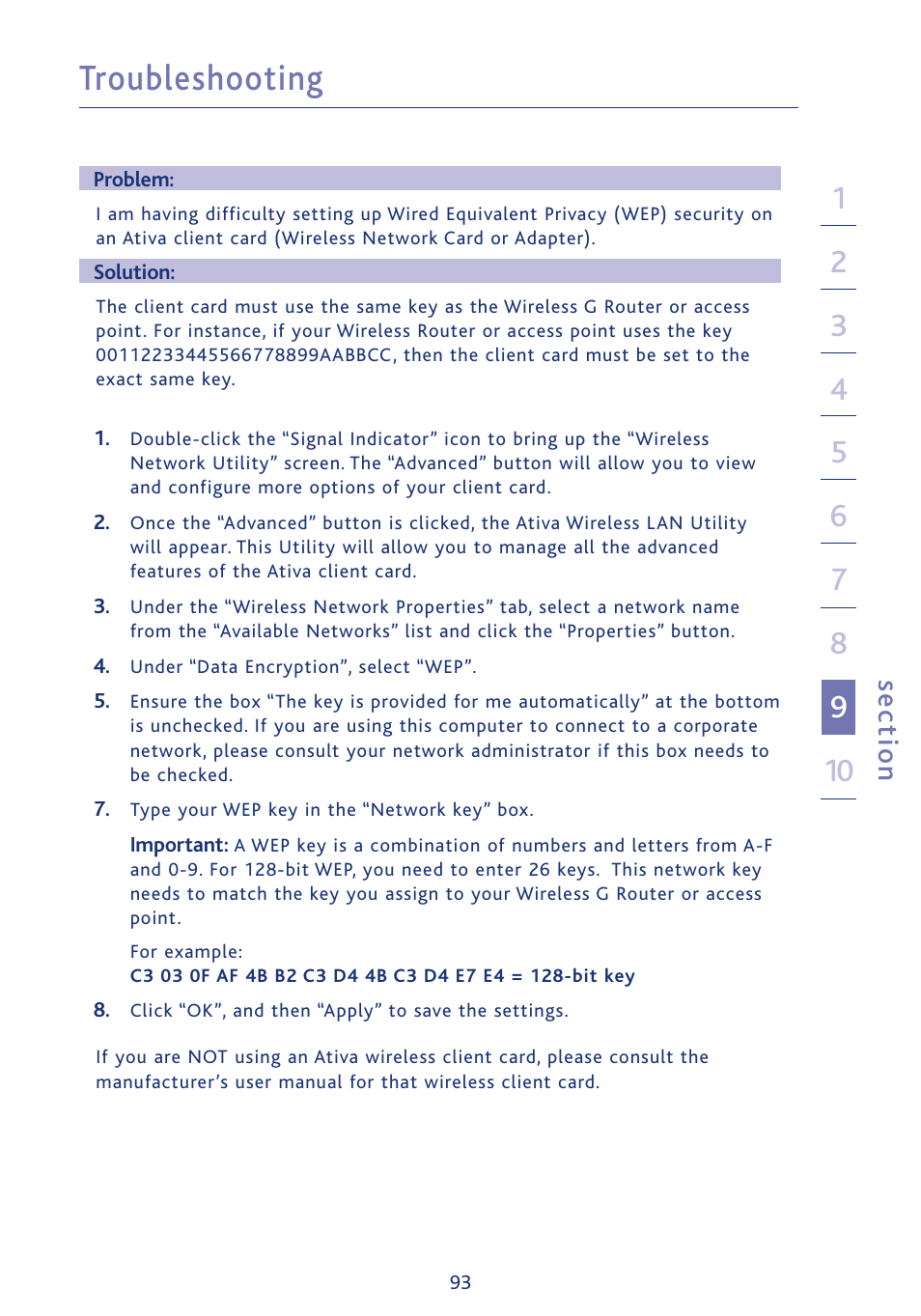 Troubleshooting, Se ct io n | Ativa AWGR54 User Manual | Page 95 / 106