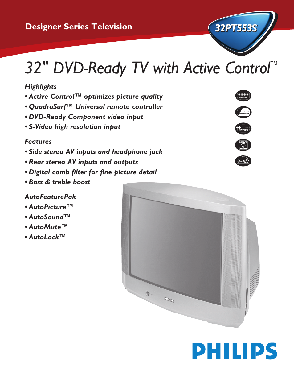 Philips 32" Color TV Faux Flat w-active control User Manual | 2 pages