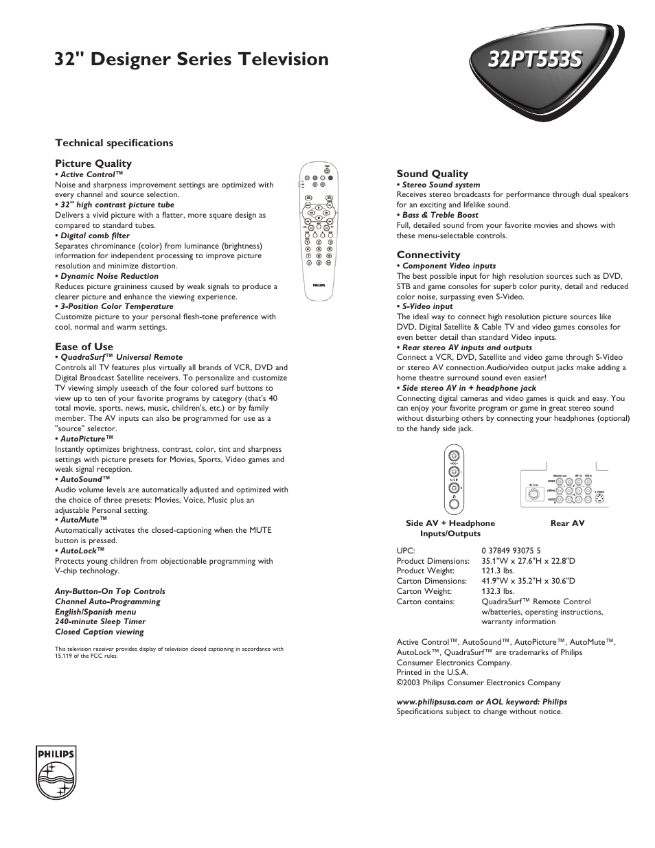 32" designer series television | Philips 32" Color TV Faux Flat w-active control User Manual | Page 2 / 2