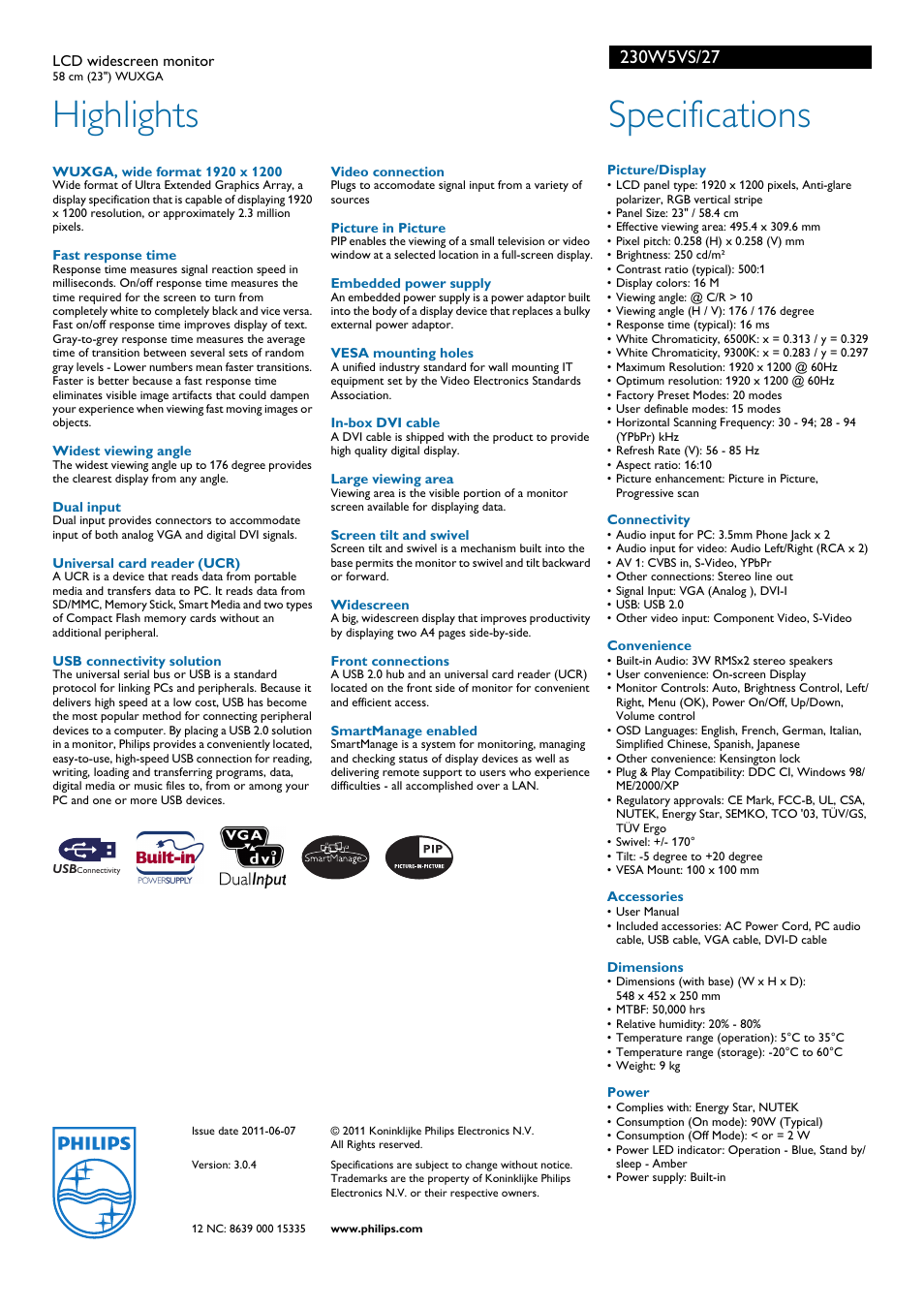 Highlights, Specifications | Philips 230W5VS-27 User Manual | Page 2 / 2