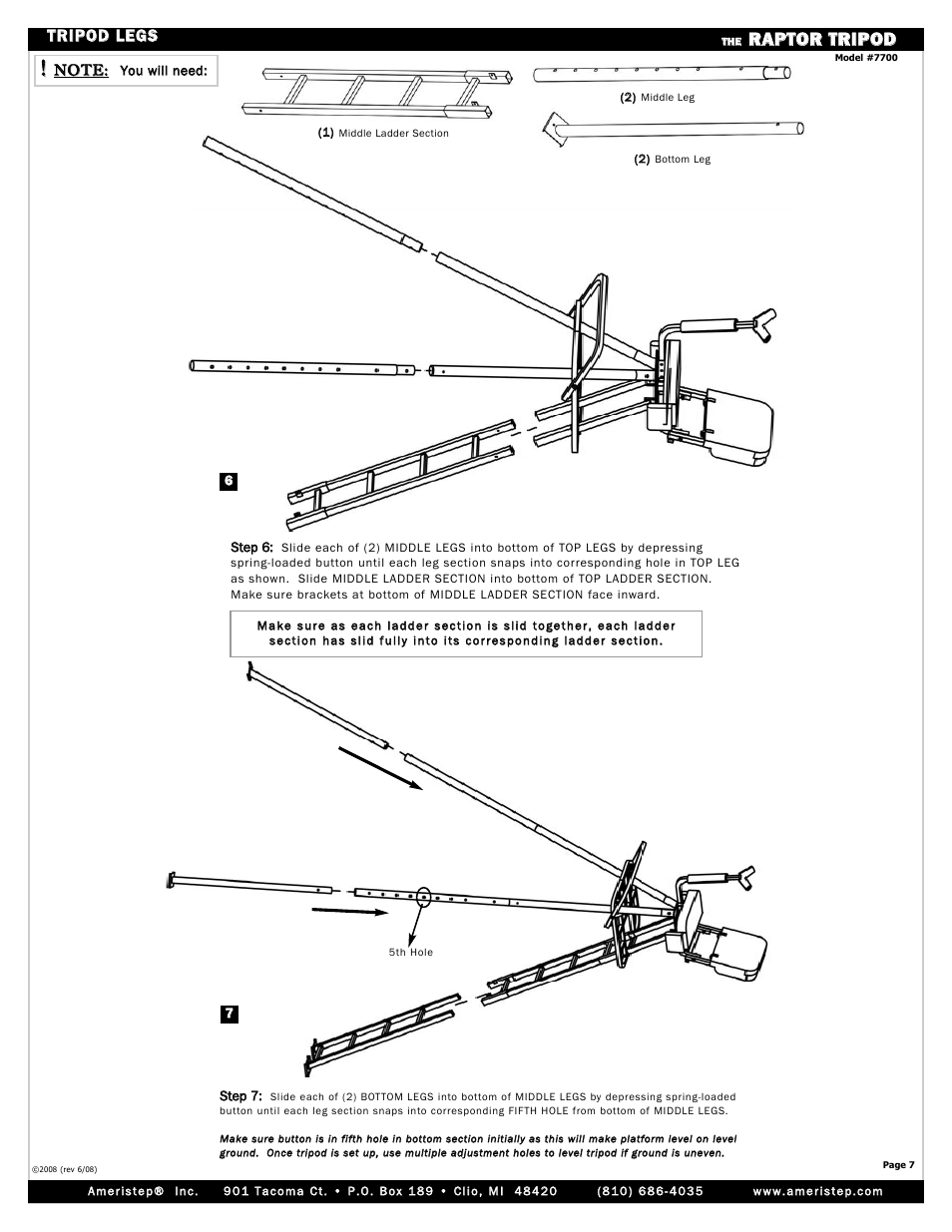 Rra ap pt to or r t tr riip po od d, Ttr riip po od d l le eg gs s | Ameristep RAPTOR TRIPOD 7700 User Manual | Page 7 / 12